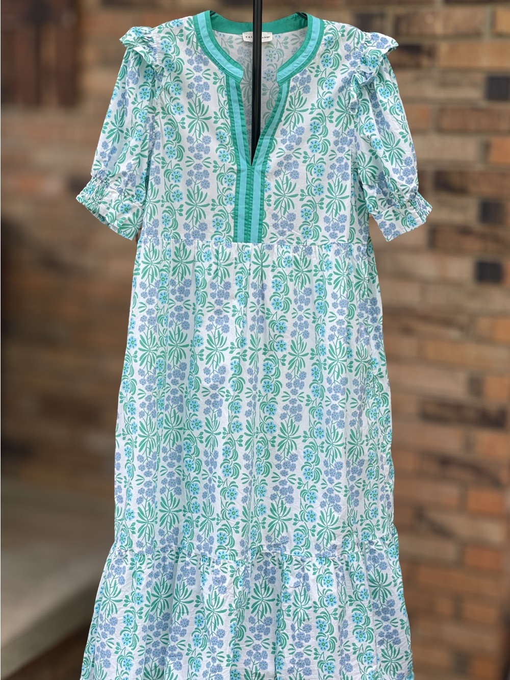 Entro XL Green Blue Floral Tiered Maxi Dress Ruffle Sleeve